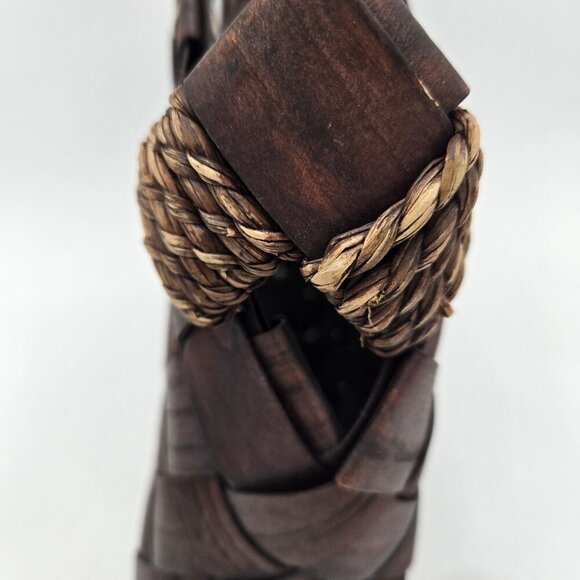 Dark Brown Wood Basket Weave Handbag Womens Medium Handles Coastal Cottagecore - Picture 7 of 14